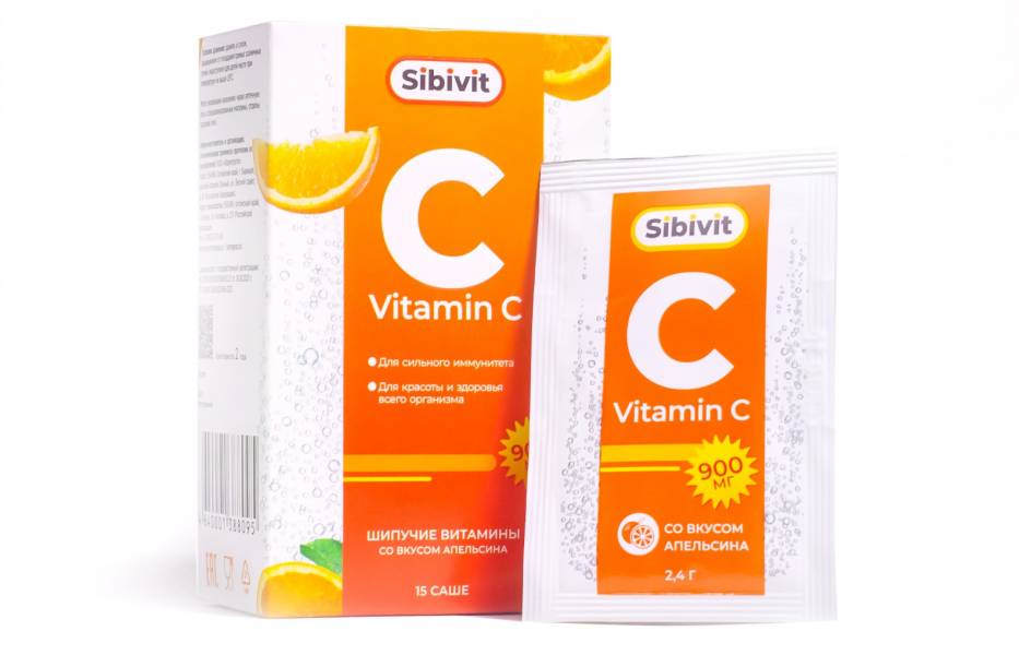 Шипучий Витамин С 900 мг + B2 со вкусом апельсина Фармгрупп, 15 саше по 2,4 г.