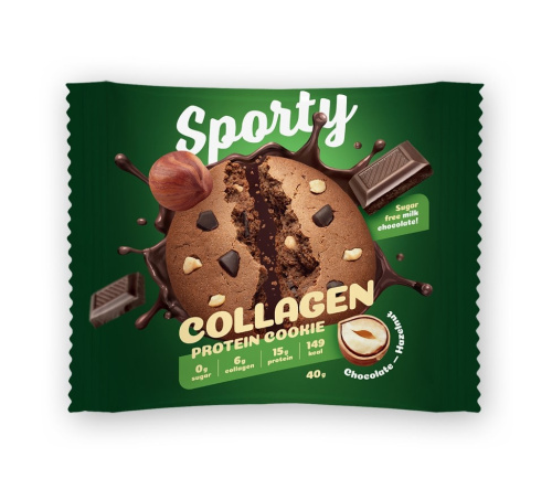 Протеиновое печенье с коллагеном Шоколад-Фундук без сахара Sporty Collagen, 40г.