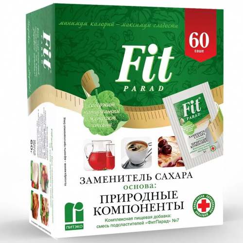 Заменитель сахара на основе эритрита и стевии ФитПарад №7, саше 60 шт.