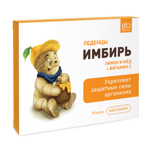 BioNational Леденцы от кашля Имбирь с лимоном и медом без сахара, 10 шт.