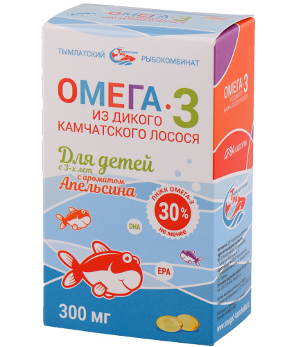 Омега-3 из дикого камчатского лосося для детей с 3-х лет (апельсин) Тымлатский рыбокомбинат (Salmoniсa), 84 капс. по 300 мг.