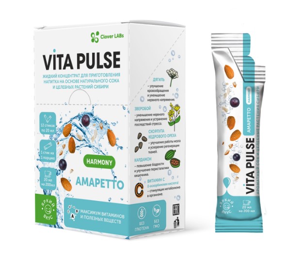 Концентрат для приготовления напитков Vita Pulse Амаретто (12 стиков по 20мл) на основе натурального сока и целебных растений Сибири