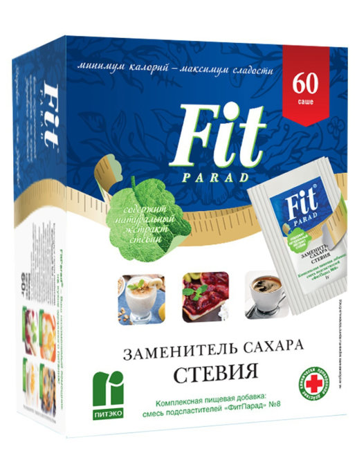 Заменитель сахара на основе эритрита и стевии ФитПарад №8, саше 60 шт.