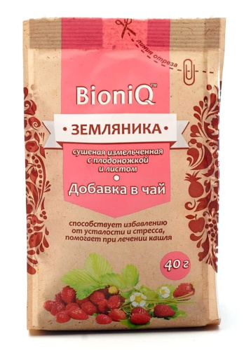 Земляника сушеная, измельченная с плодоножкой и листом BioniQ, 40 гр. 