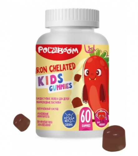 PolzaBoom Chelated iron Kids Биодоступное железо для детей, мармелад, 30 порций, 60 пастилок, Яблоко