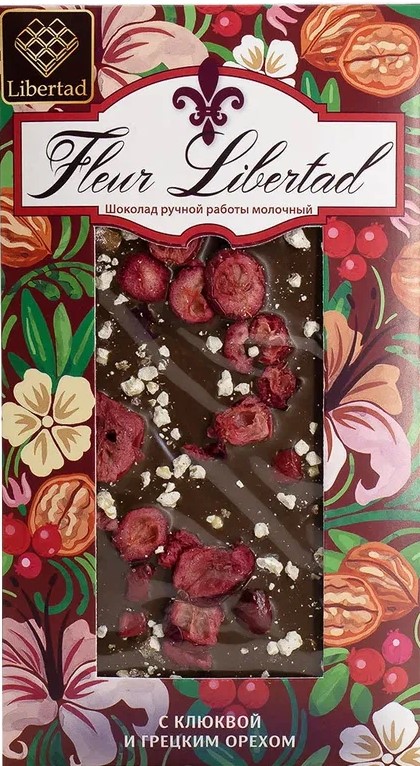 Fleur Libertad Шоколад ручной работы молочный с клюквой и грецким орехом, 80г