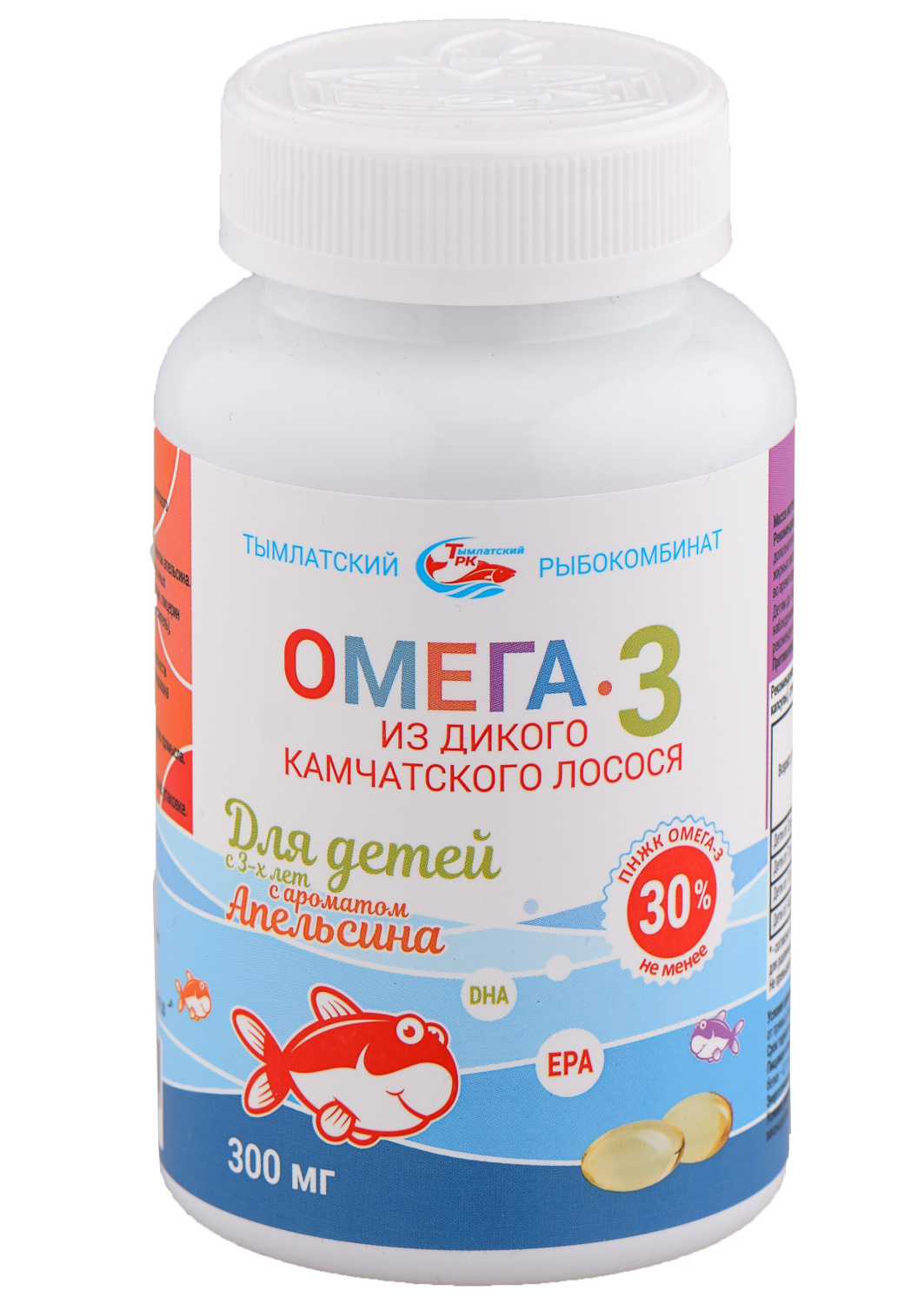 Омега-3 из дикого камчатского лосося для детей с 3-х лет (апельсин) Тымлатский рыбокомбинат (Salmoniсa), 250 капс. по 300 мг.