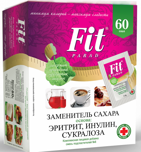 Заменитель сахара на основе эритрита, инулина и сукралозы ФитПарад №6, саше 60 шт.